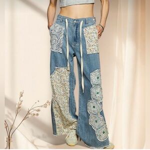 POL Lace Harvest Denim Jeans | Floral + Lace Patchwork Wide-Leg Jeans
